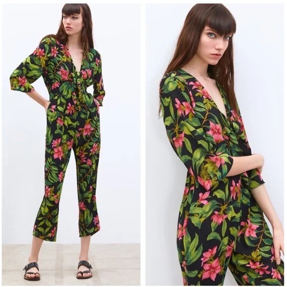 Zara Black & Green Floral Front Tie Jumpsuit - Picture 2 of 7